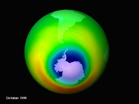The ozone hole over Antarctica in 1999.