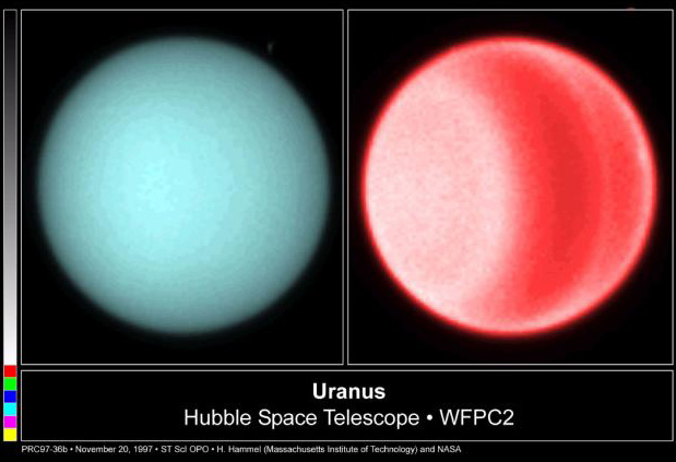 The polar hot spot, seen in this Hubble image, is the result of Uranus' unusual rotation.